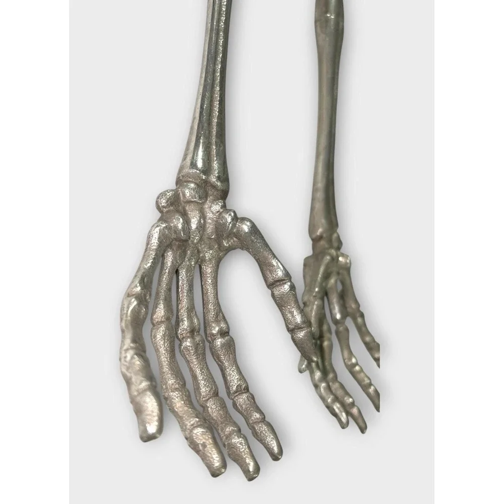 Vtg Skeleton Hand Salad Servers Cast Metal Gothic Halloween Oddity Flatware Pair
